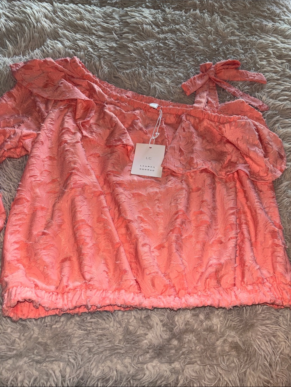 LC Lauren Conrad Coral Pink Off-Shoulder Ruffle Crop Top